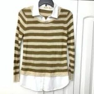 Faded Glory Tan and Green Striped Two-fer Sweater with White Shirt